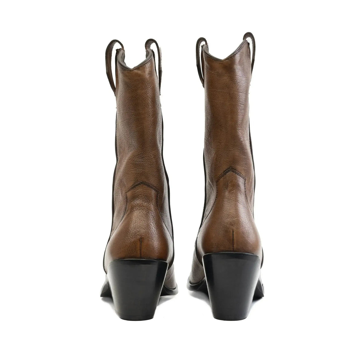 Rear view of women's western leather ankle boots with block heel and pull tabs