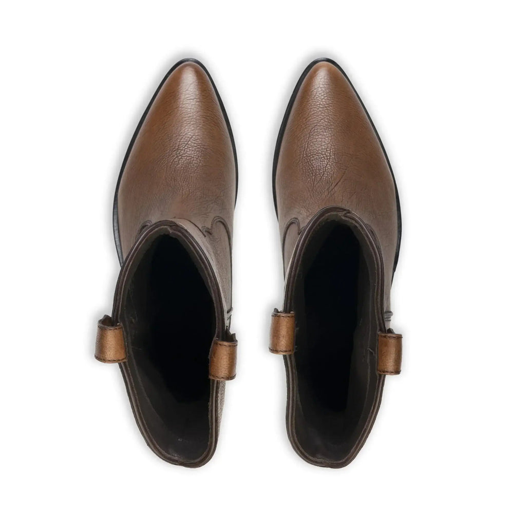 Top-down view of a pair of pointed-toe brown leather western ankle boots with pull tabs