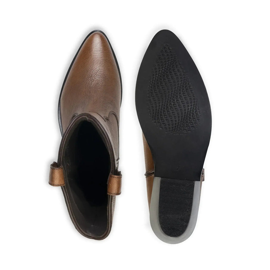 Top and bottom views of a pointed-toe western ankle boot with textured rubber outsole