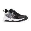 New Balance boys running sneaker with black mesh upper, white midsole, and graphic side panel