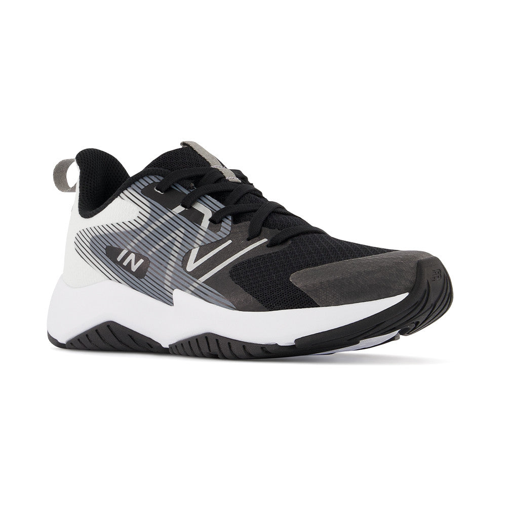 New Balance boys running sneaker with black mesh upper, white midsole, and graphic side panel