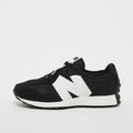 New Balance 327 boys sneaker with white N logo on black mesh and suede upper