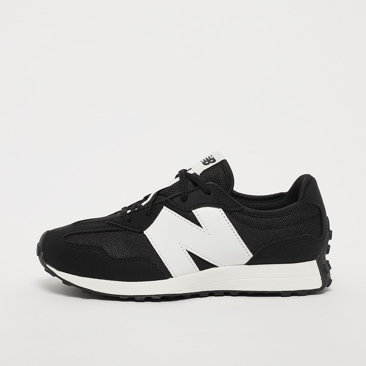New Balance 327 boys sneaker with white N logo on black mesh and suede upper