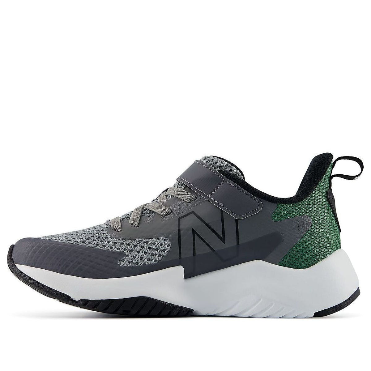 New Balance boys running shoe with velcro strap, mesh upper, and white midsole, lateral view