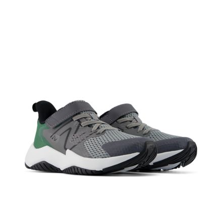 Boys New Balance Rave Run v2 sneakers with bungee lace and top strap, angled pair view