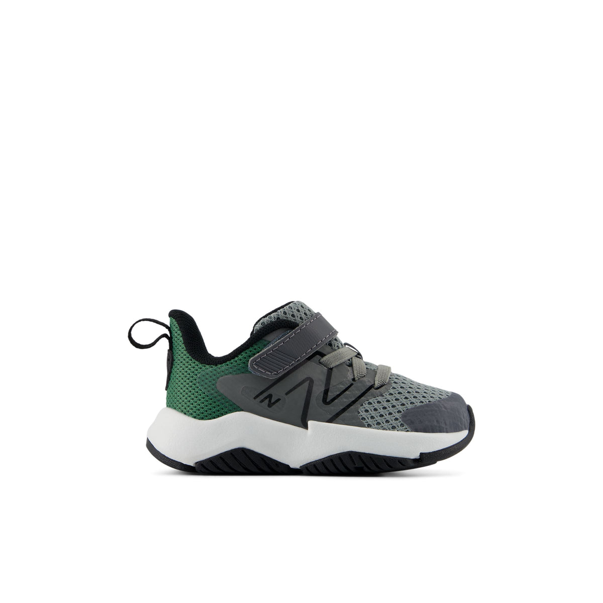 New Balance boys toddler running shoe with velcro strap, mesh upper, and chunky sole