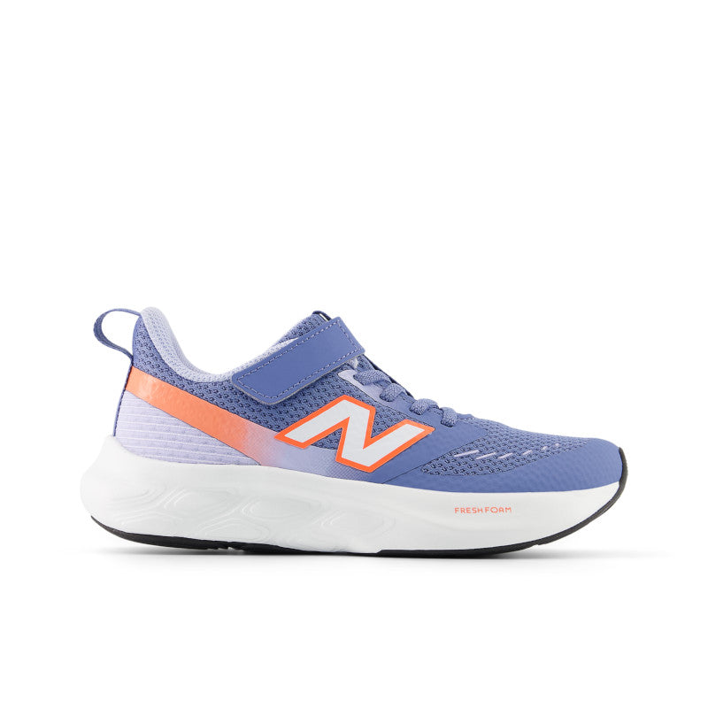 New Balance girls hook and loop running shoe with Fresh Foam midsole, lateral view