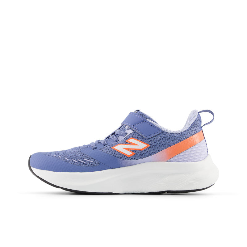 New Balance girls running shoe with velcro strap, mesh upper, and thick white sole