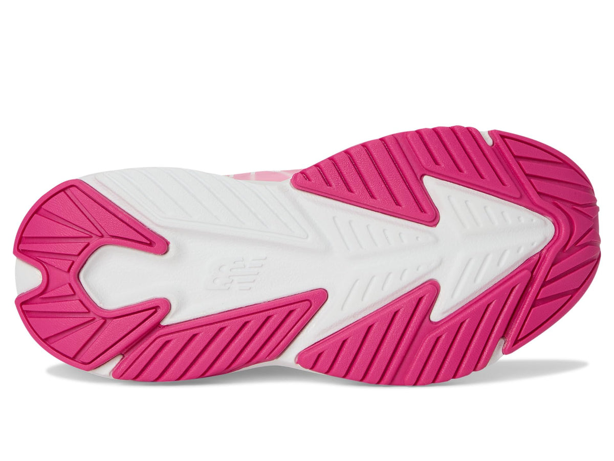 Bottom sole view of girls running shoe with pink and white traction pattern