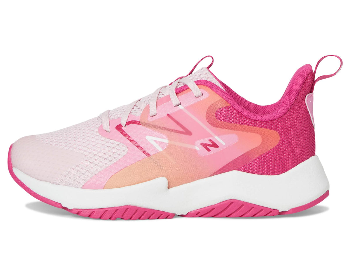 New Balance Girls Rave Run v2 sneaker shown from lateral side on white background