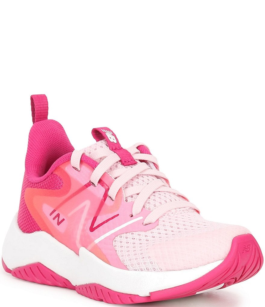 New Balance Girls Rave Run v2 sneaker with pink mesh upper and bold N logo detail