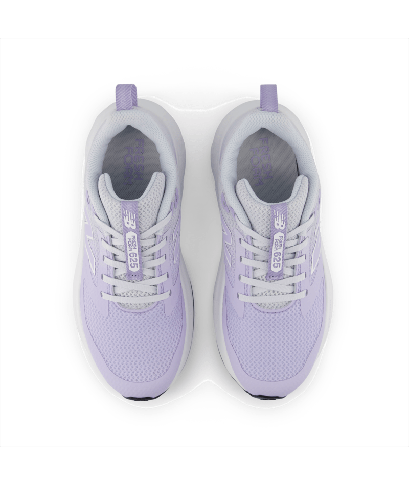 Top-down view of a pair of New Balance 625 girls running shoes with laces