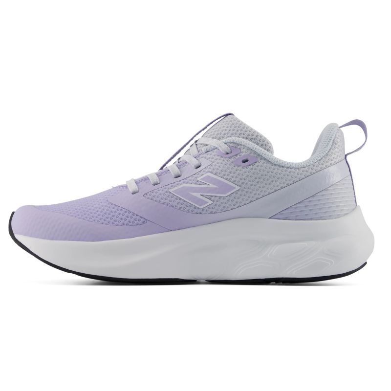 New Balance Girls 625 running shoe in light purple with white chunky sole, medial view