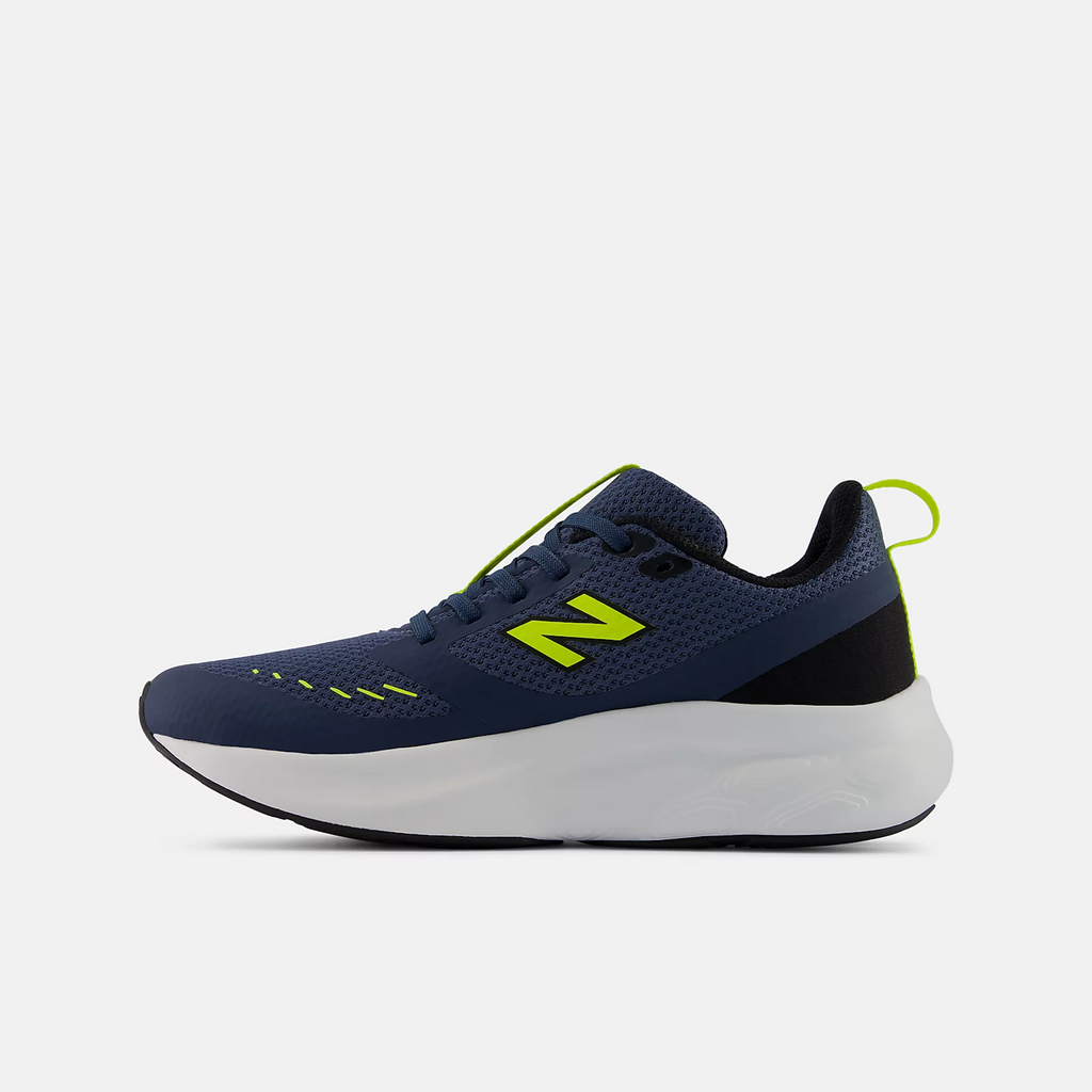 New Balance Boys 625 Lace running shoe with neon yellow logo on navy upper