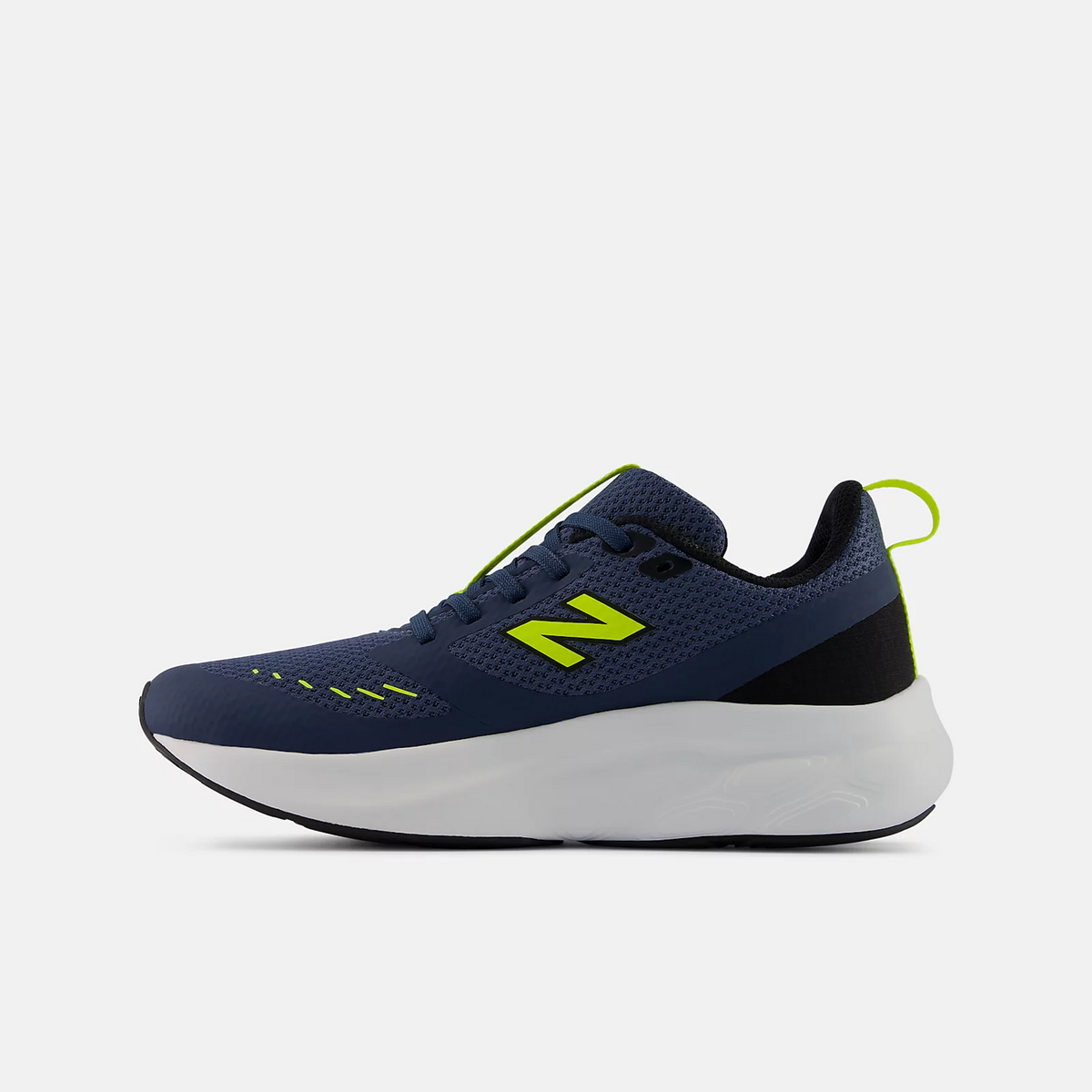 New Balance Boys 625 Lace running shoe with neon yellow logo on navy upper