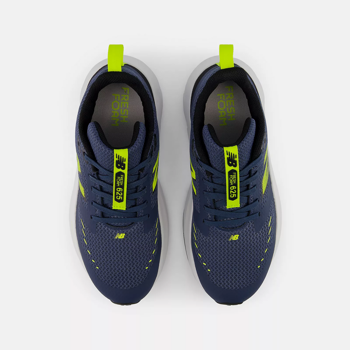 New Balance Fresh Foam 625 boys running shoes shown from overhead, pair side by side