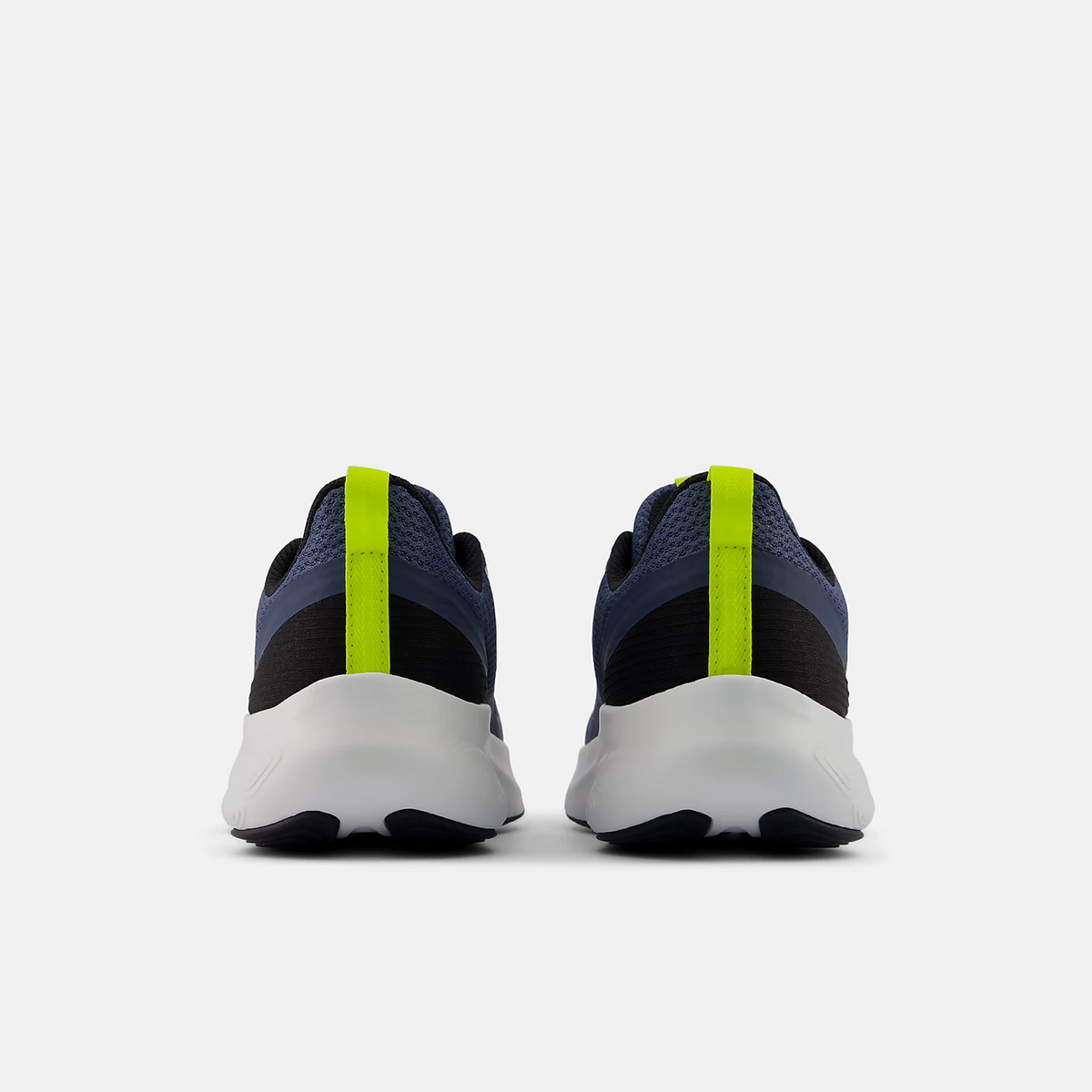 Rear view of boys running shoes with neon yellow heel pull tab and white sole