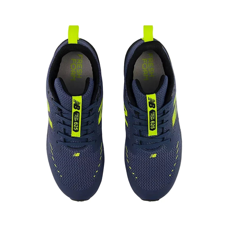 Top-down view of a pair of New Balance Fresh Foam 625 boys running shoes with laces