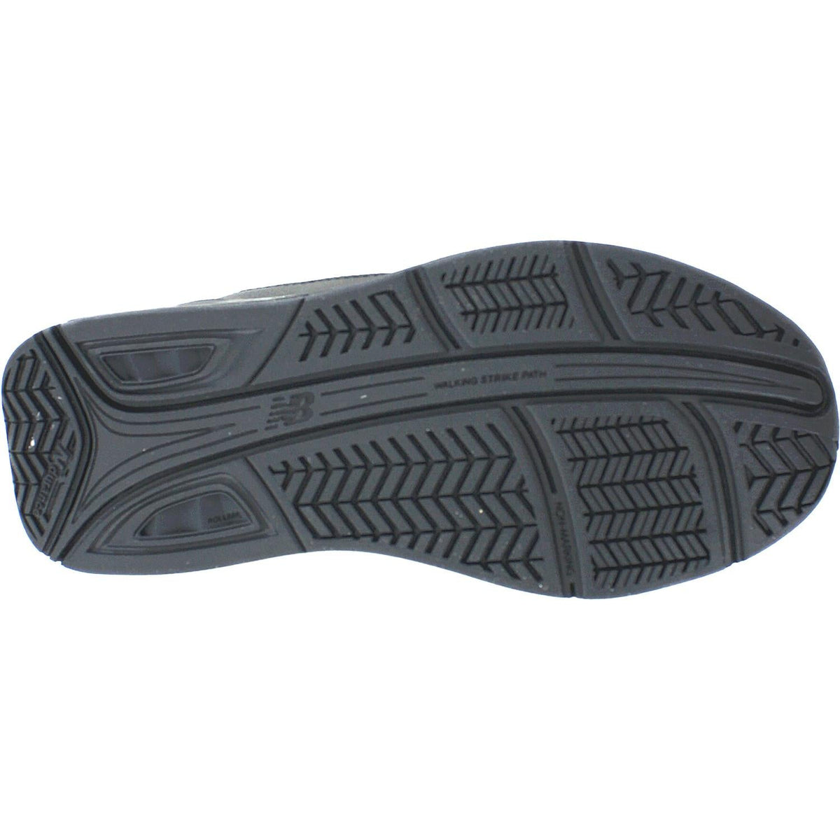 Bottom sole view of New Balance walking shoe showing herringbone tread pattern and brand logo