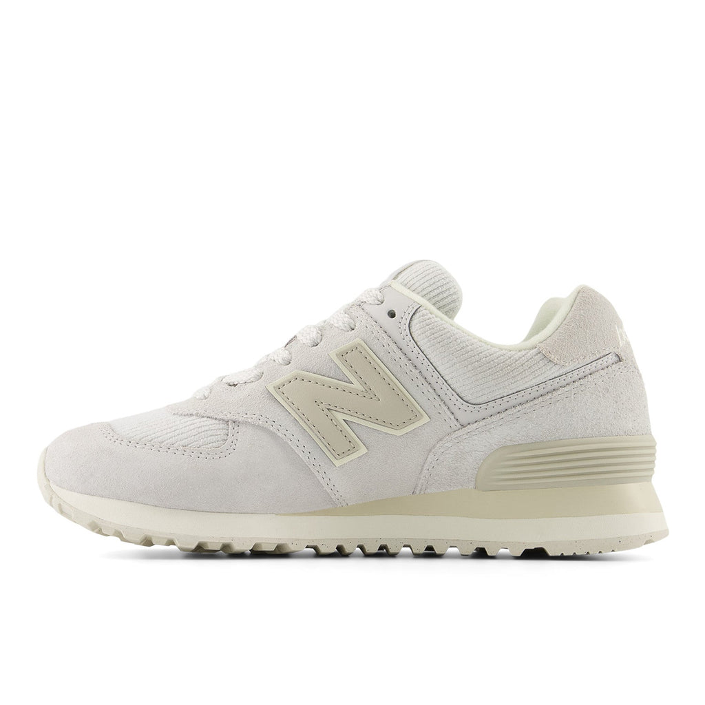 New Balance 574 low-top sneaker in suede and corduroy with iconic N logo, lateral view