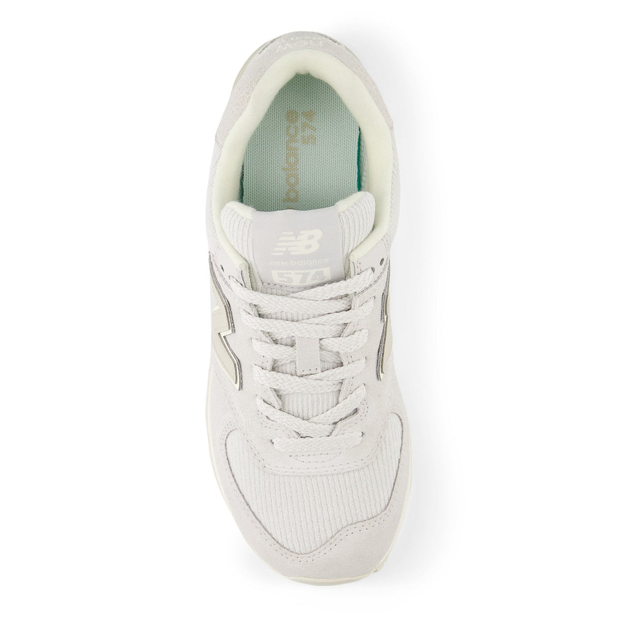 New Balance 574 womens sneaker shown from overhead angle displaying laces and insole