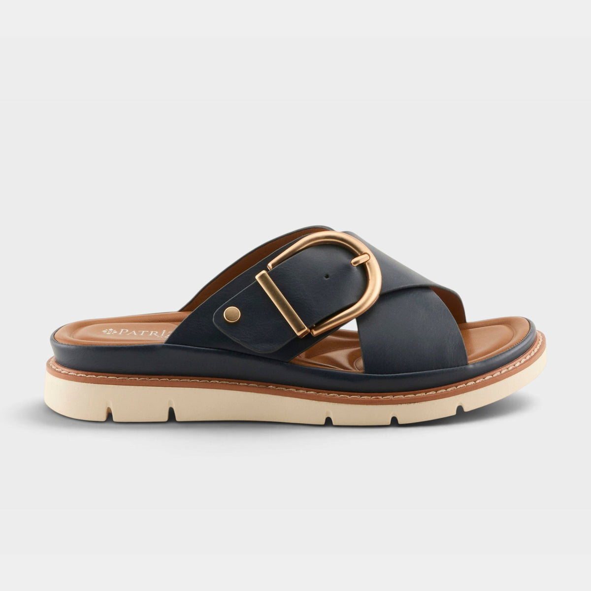 Patrizia Marynia black leather crossband slide sandal with gold buckle and white sole