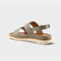 Rear view of a women's flat sandal with sage green straps and slingback ankle closure