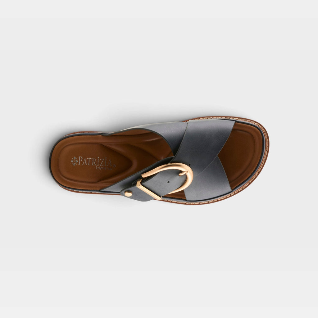 Patrizia women's slide sandal with crossband straps and gold buckle detail, top view