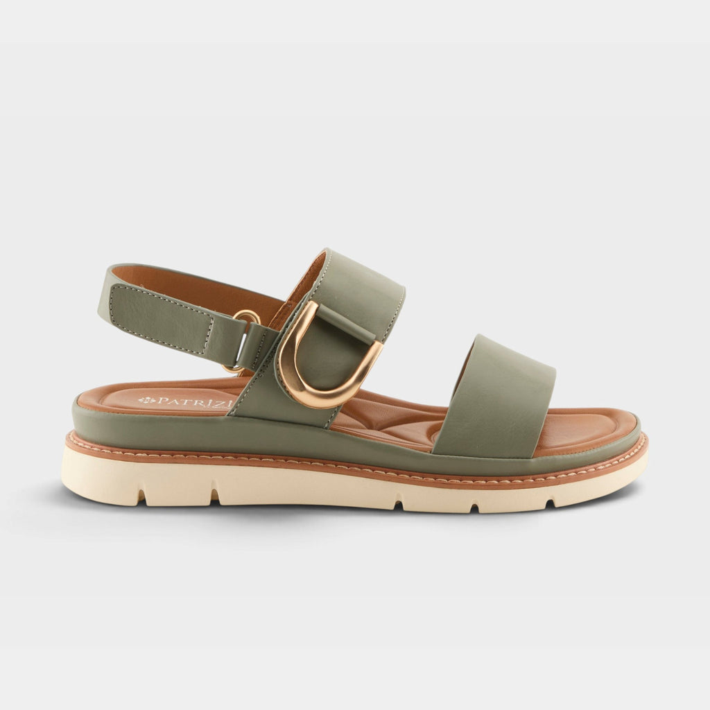 Patrizia women's platform sandal with two wide straps and gold buckle hardware on white sole