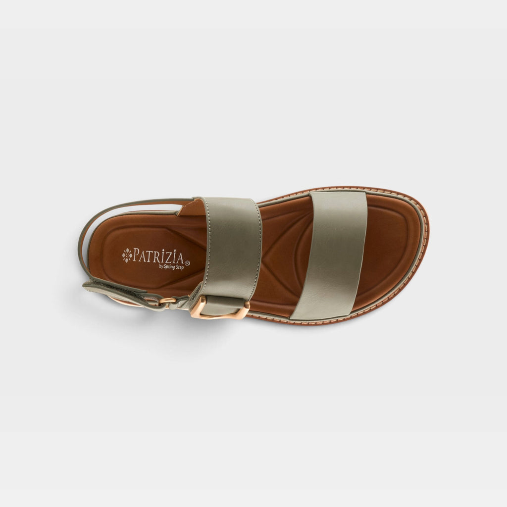 Patrizia Maryada women's sandal with two straps and gold buckle, top-down view