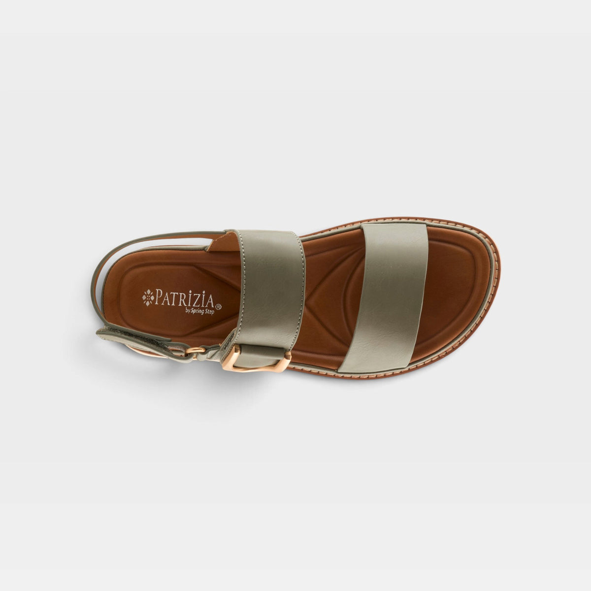 Patrizia Maryada women's sandal with two straps and gold buckle, top-down view