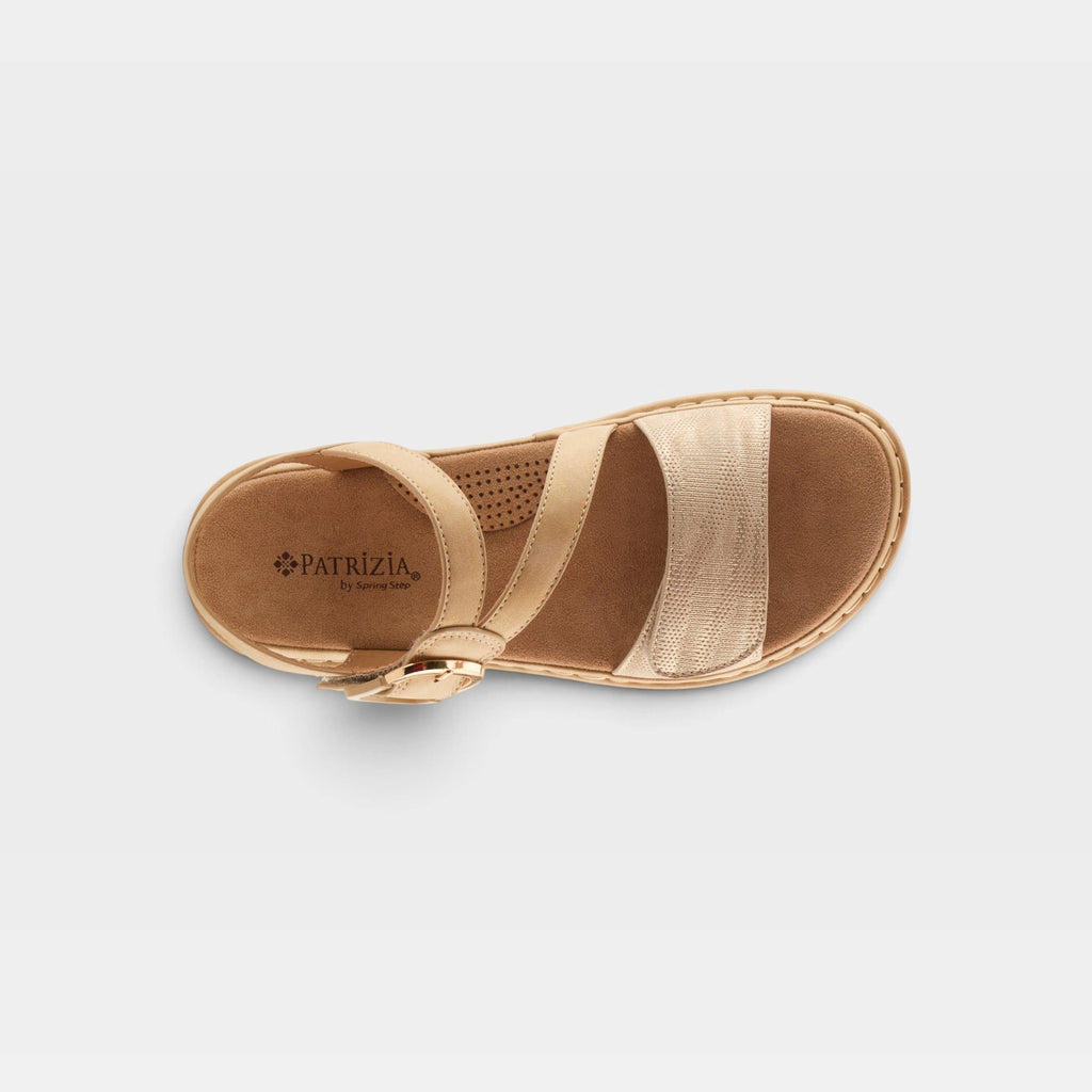 Patrizia women's sandal with gold metallic straps, ankle buckle closure, and tan footbed, top view