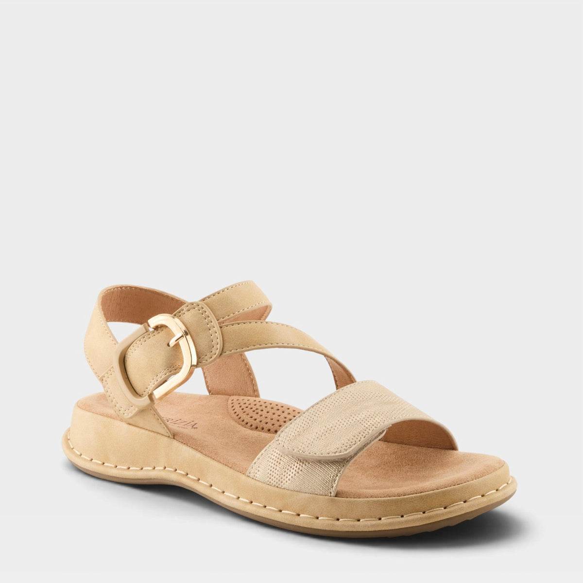 Patrizia Avanta women's sandal with crossover straps and gold buckle accent on cushioned sole