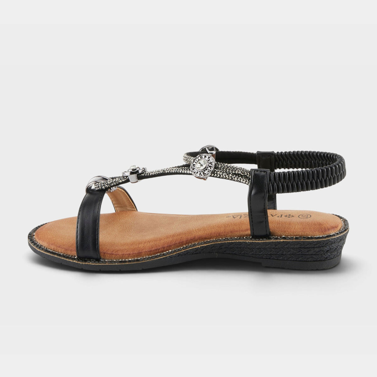 Patrizia Charmer flat sandal with rhinestone embellished straps and elastic slingback ankle strap