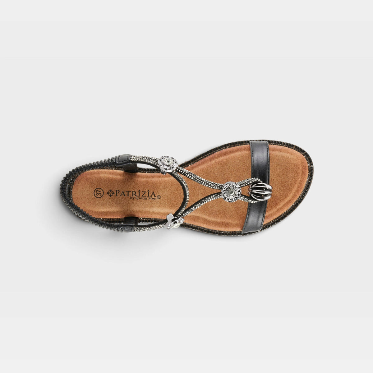 Patrizia by Spring Step Charmer women's flat sandal with silver embellishments, overhead view