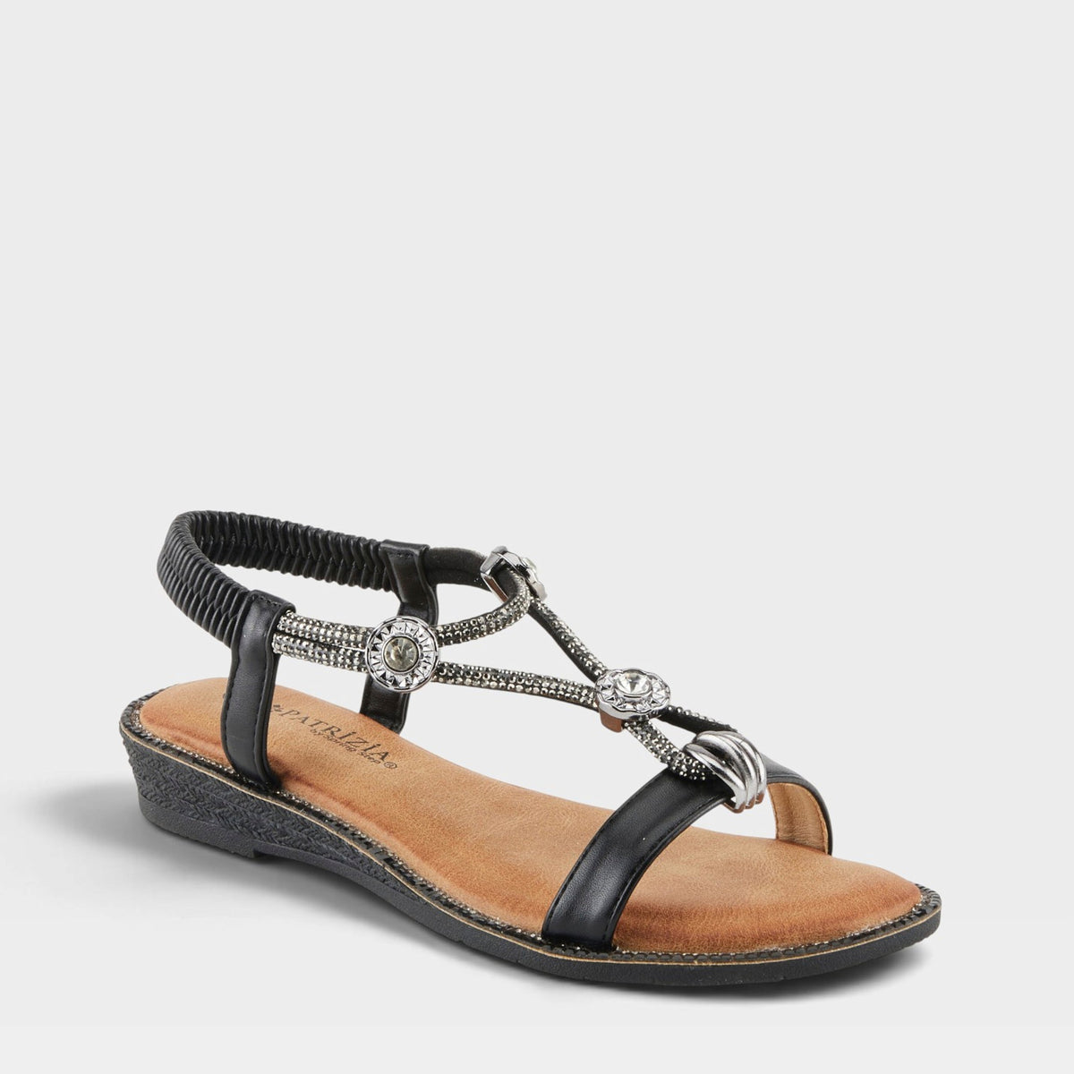 Patrizia Charmer women's flat sandal with jeweled T-strap and elastic slingback