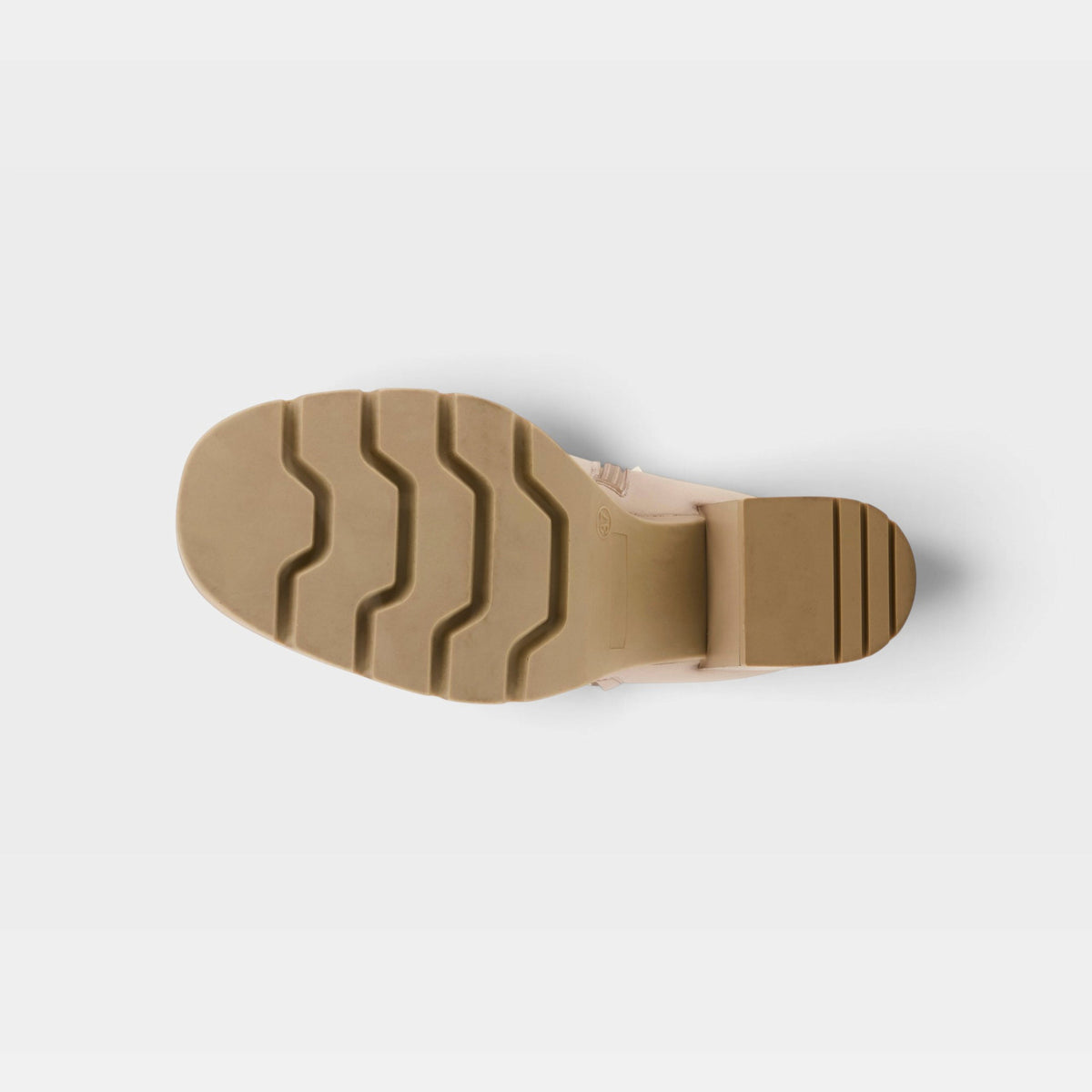 Bottom sole view of womens block heel boot showing wavy tread pattern and heel detail