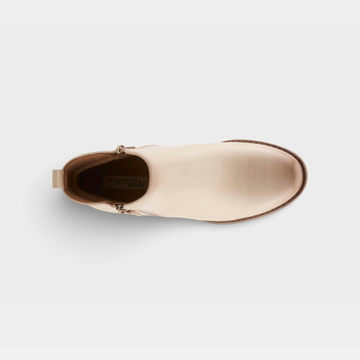 Top-down view of a women's ankle boot with side zipper closure and round toe