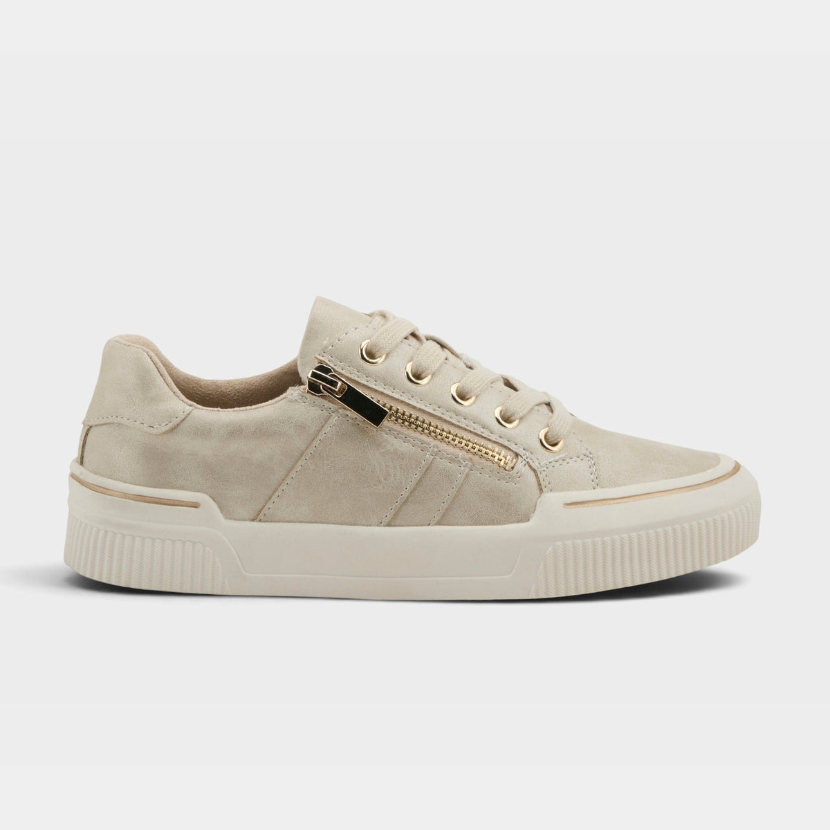 Women's low-top suede sneaker with gold zipper detail and lace-up front on white sole