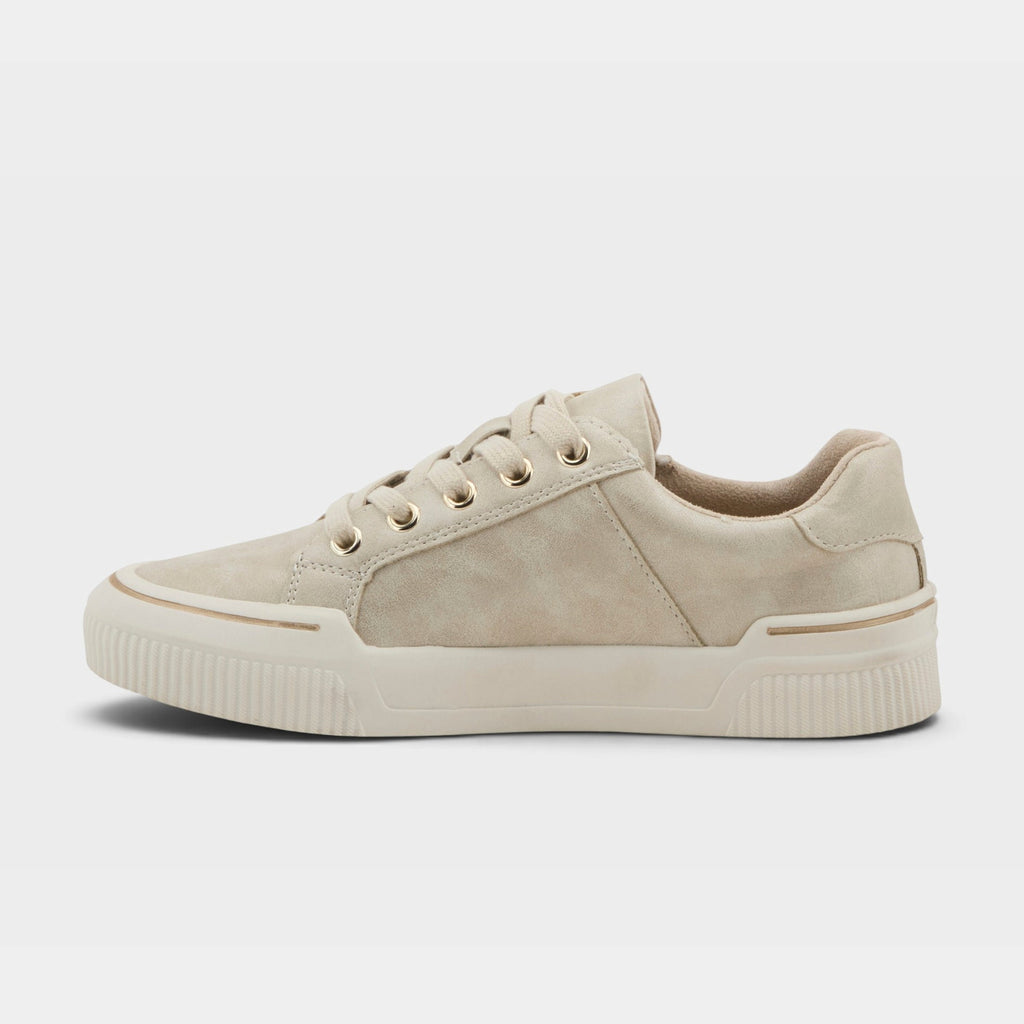 Women's low-top lace-up sneaker in suede with gold eyelets and white sole