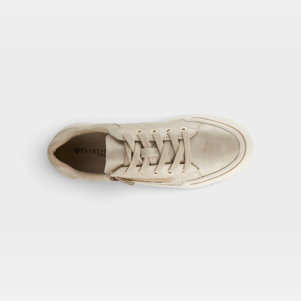 Patrizia Darah low-top sneaker with lace-up front, side zipper, and gold hardware, top view