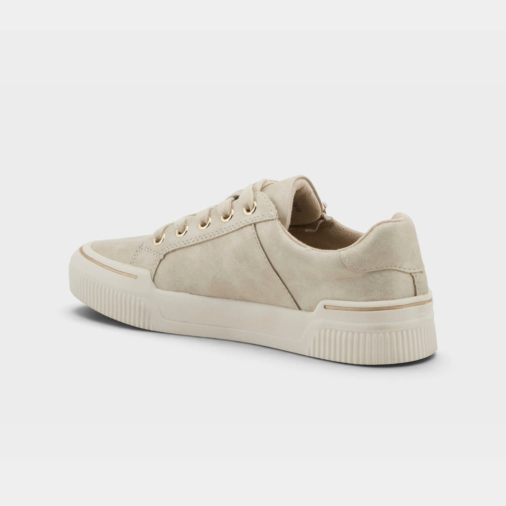 Back three-quarter view of a women's low-top lace-up sneaker with suede upper and gold eyelets