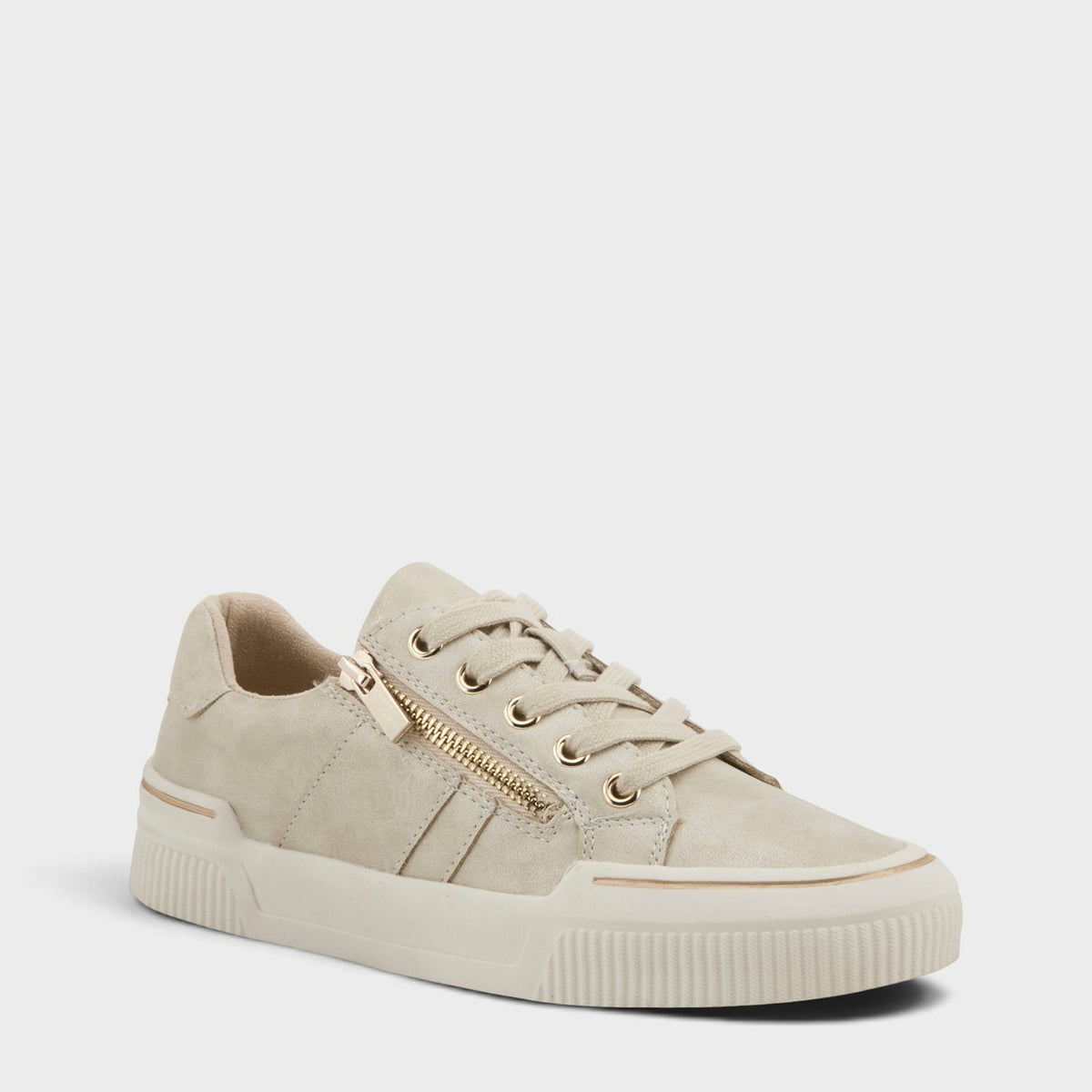 Women's low-top suede sneaker with gold zipper accent and lace-up closure on platform sole