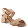 Womens block heel sandal with woven toe strap and rattan buckle ankle strap