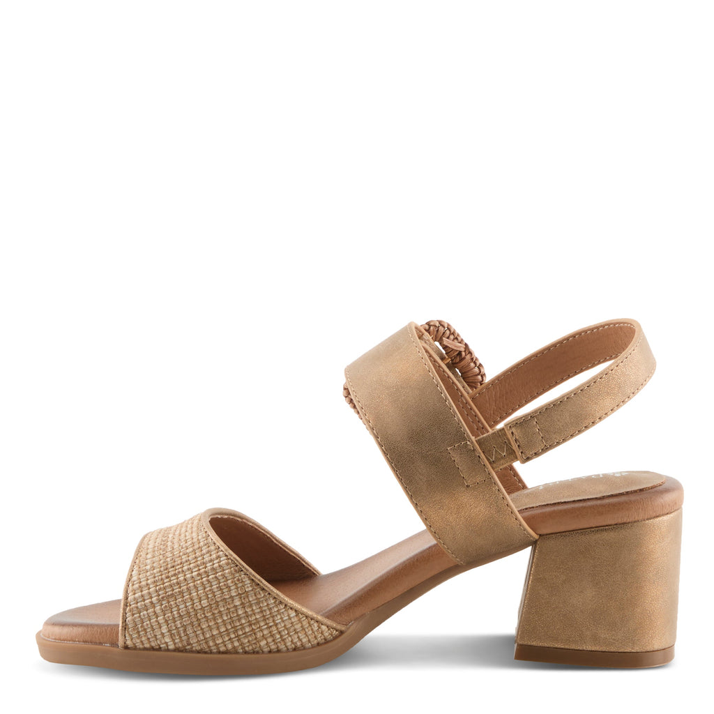 Patrizia Mambu women's block heel sandal with raffia toe strap and slingback closure, side view