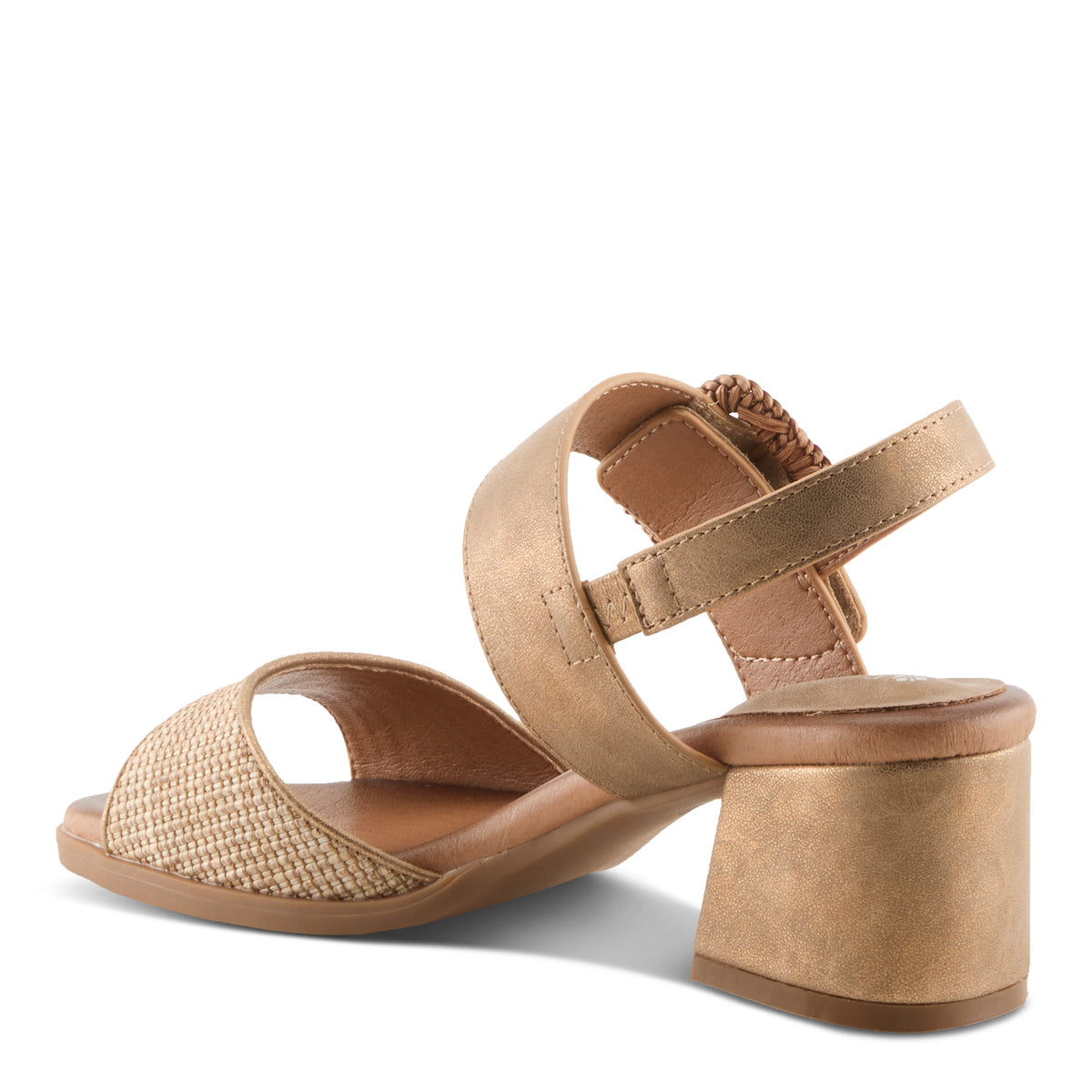 Patrizia Mambu women's block heel sandal with woven toe strap and ankle strap, rear view