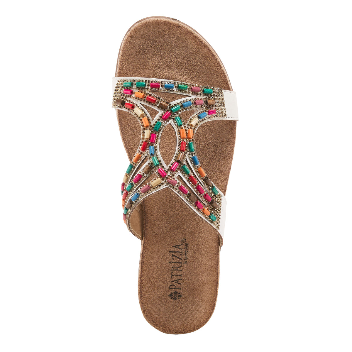 Patrizia Twirling women's slide sandal with multicolor gemstone and rhinestone straps, top view