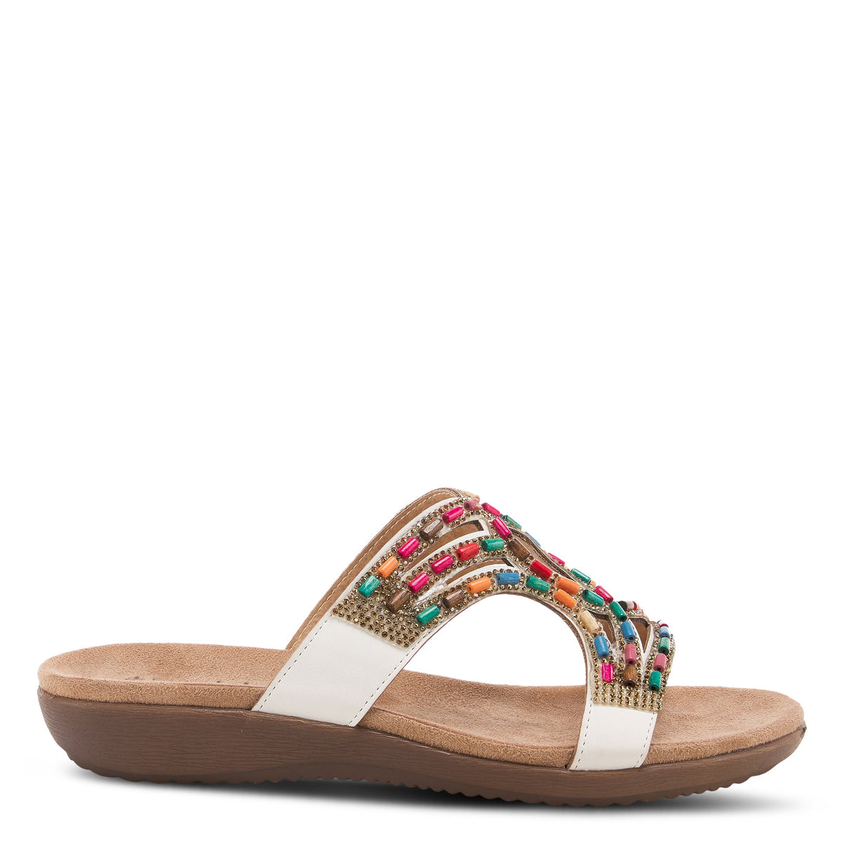 Women's slide sandal with multicolor beaded embellishment on white upper and tan footbed