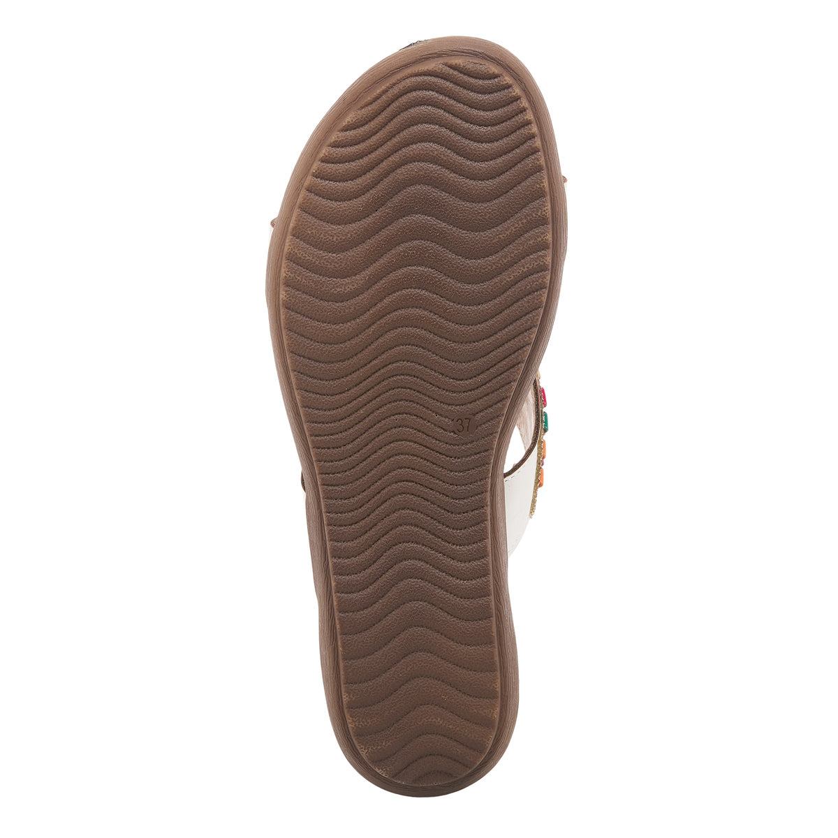Bottom sole view of a womens sandal showing wavy tread pattern and size marking