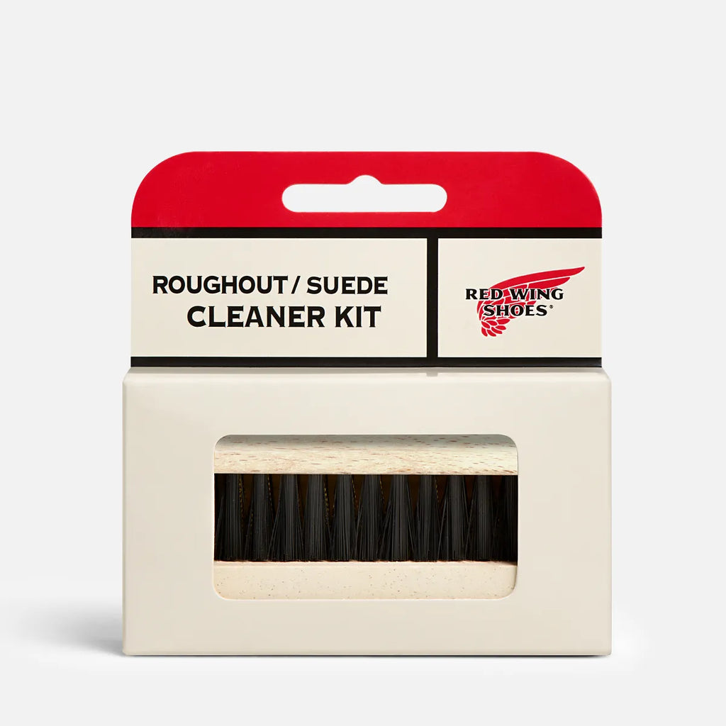 Red Wing Shoes Roughout Suede Cleaner Kit in retail packaging with brush visible through window